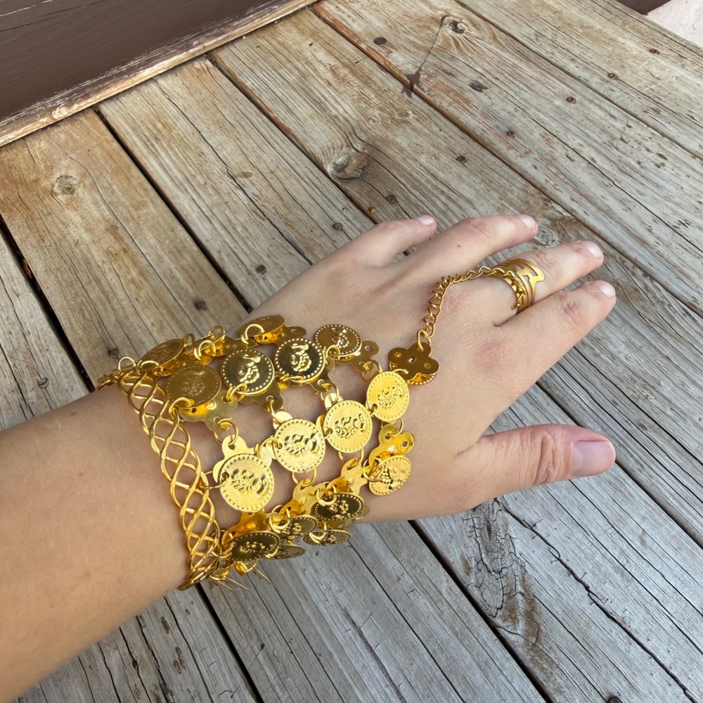 Gold Coin Slave Bracelet Hand Chain Women Gold Tone Plastic Boho Festival Item